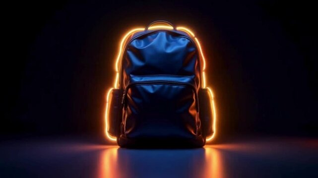 Glowing school backpack icon with flickering neon edges motion animation