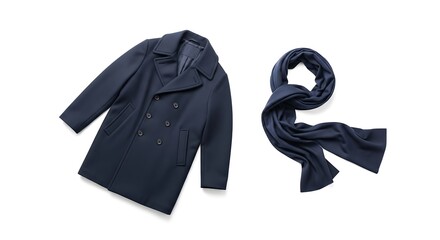 Dark Blue Wool Coat and Scarf Laid Flat on White Background.
