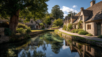 Obraz premium A serene canal runs through a quaint village with old stone cottages and lush greenery on a sunny day