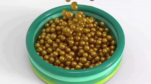 Dynamic simulation of vibrant plastic spheres and gold pearls filling a kiddie pool, 4K render.