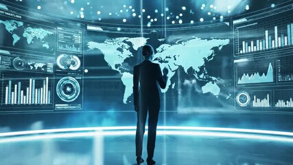 Businesswoman interacting with futuristic holographic data display and global analytics interface - Powered by Adobe