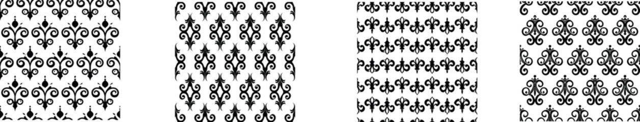 Collection of black and white decorative patterns featuring floral motifs, geometric shapes