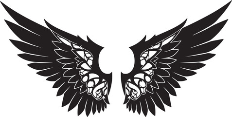 Obraz premium Black silhouette of a pair of angel wings with intricate patterns