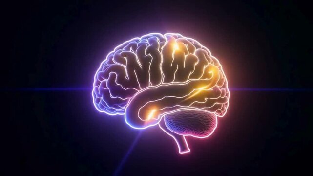 Neon glowing brain icon with flickering neural glow seamless loop