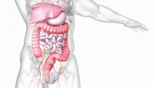 Human Digestive System Anatomy: Liver, Stomach, Intestines, and Colon Illustration.