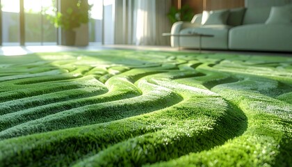 Textured green carpet in sunlit room