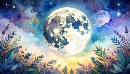 Watercolor Moonlit Garden - A Dreamy Nightscape of Celestial Beauty.