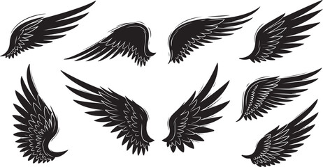 Fototapeta premium Black silhouette of multiple angel wings on white background
