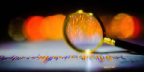 Magnifying glass on financial data charts used for business analysis and audits in a corporate office setting featuring warm mocha and buttercream tones