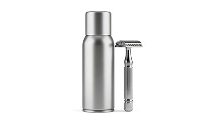 Obraz premium Modern Silver Shaving Cream Can and Safety Razor Set.