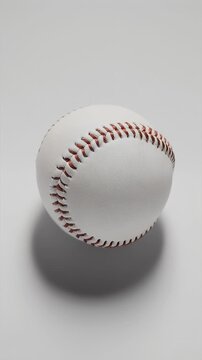 A baseball sits, shadowed, showing off its red stitching and textured surface