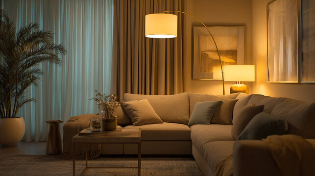 A cozy living room with a beige sectional sofa and warm lighting at night