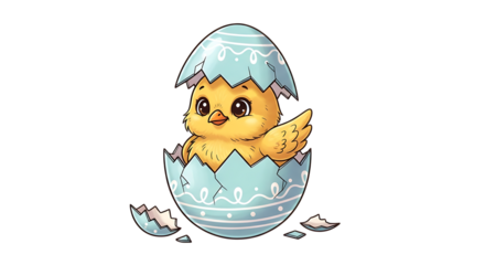 Easter day isolated cartoon chick hatching from blue egg on transparent background