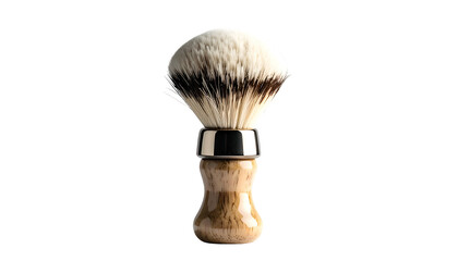A close-up of a classic shaving brush with a wooden handle, centered on black