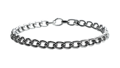 A close-up studio shot showcasing a silver chain bracelet against a black backdrop