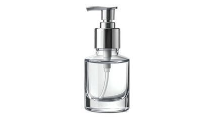 Obraz premium A clear glass pump bottle with liquid inside, reflecting light against a black backdrop