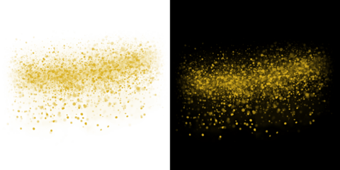 Abstract golden sparkles and dust particles against a dark black background
