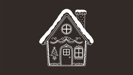 Minimalist white outline of a gingerbread house with holiday decorations stands out against a solid dark brown background.
