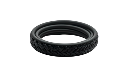 Black circular object; woven texture adorns portion of the thick band. Dark background