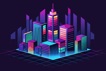 Futuristic cityscape with neon colors and grid floor skyscrapers
