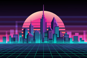 Futuristic cityscape with neon colors and grid floor at sunset