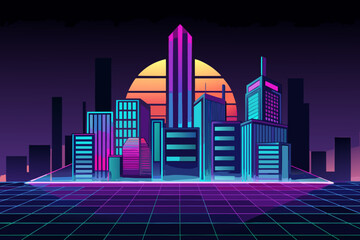 Futuristic cityscape with neon lights and grid floor at sunset 4
