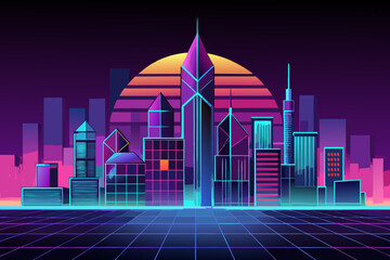 Futuristic cityscape with neon lights and grid floor at sunset skyscrapers 5