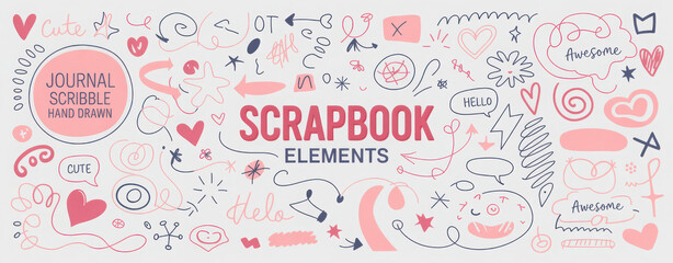 Pink doodle scribble scrapbook vector elements collection. Crayon drawn girly scribbles for journaling, hand drawn zine design, daily planner and diary. Sketch handdrawn stickers with grunge texture