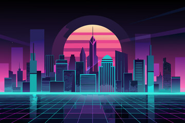 Futuristic cityscape with neon lights and sunset skyline buildings