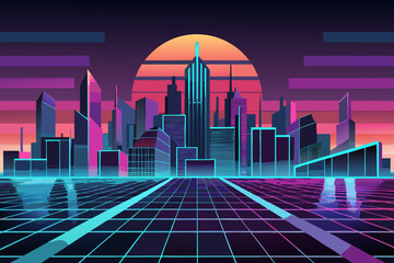 Futuristic cityscape with neon lights at sunset grid