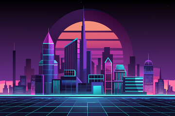 Futuristic cityscape with neon lights at sunset purple