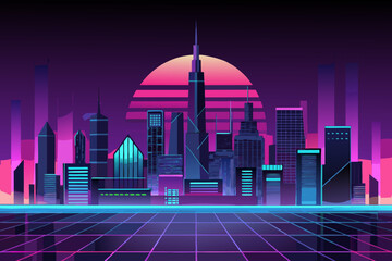 Futuristic cityscape with neon lights at sunset purple pink