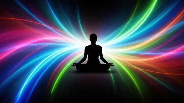 Harmonious balance and inner peace embodied by a serene figure amidst an explosion of colorful