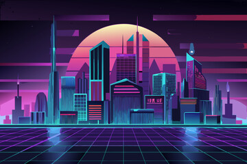 Futuristic cityscape with neon lights at sunset skyscrapers 3