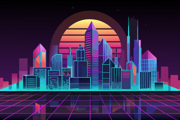Futuristic cityscape with neon lights at sunset skyscrapers grid floor