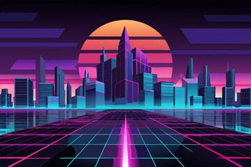 Futuristic cityscape with neon lights at sunset skyscrapers grid road 1