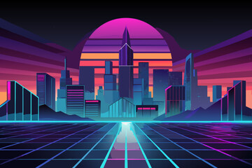 Futuristic cityscape with neon lights at sunset skyscrapers grid road