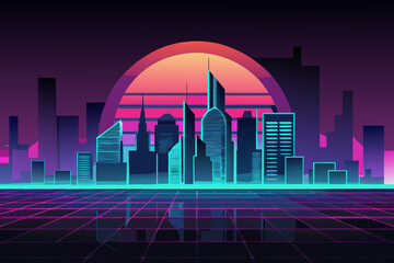 Neon lit cityscape with futuristic skyline at sunset
