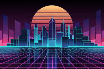 Neon cityscape with grid floor and sunset
