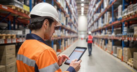 Shipping, tablet and chart with man in warehouse for inspection graph cargo storage or freight. Supply chain inventory, distribution data and online export report with employee in factory for review