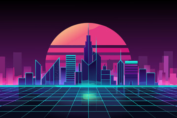 Neon lit cityscape with grid floor and pink sun neon lights futuristic