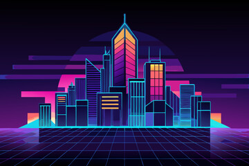 Neon lit futuristic cityscape with purple and pink sunset