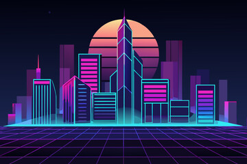 Neon lit futuristic cityscape with purple and blue skyscrapers at sunset