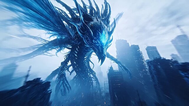 Giant monstrous creature destroying city in post-apocalyptic scene