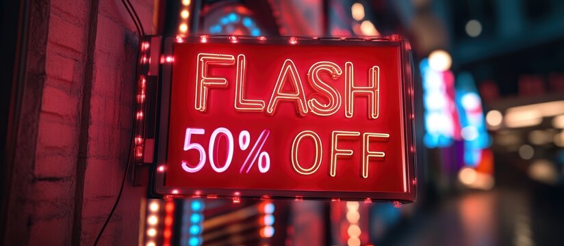 Neon sign announces a 50% flash sale