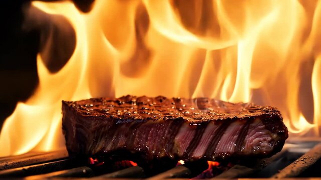 A steak grilling over an open flame, with visible char and flames in close-up. 4k Video footage.