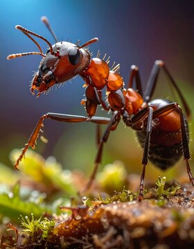 A large ant standing on a mossy surface
