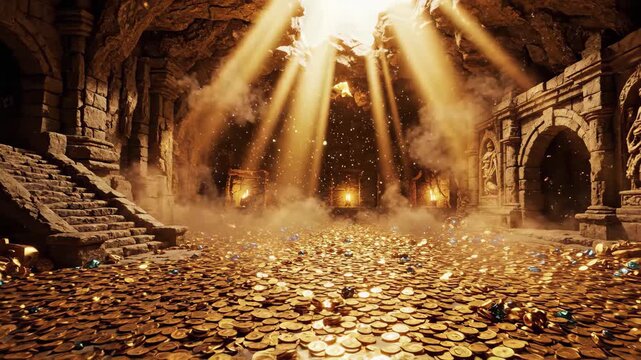 Ancient cave treasure hoard with gold coins and light rays