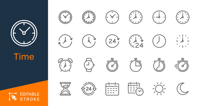 Time thin line icon collection for scheduling, productivity and time management concept. Editable stroke. Pixel perfect.