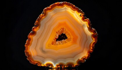 Obraz premium Slice of banded agate featuring light, golden and orange layers, with a dark center cave, set on black background